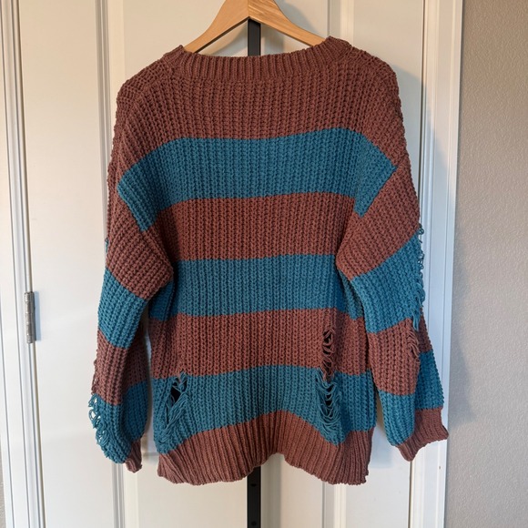 POL Distressed Striped Oversized Chunky Knit Sweater Brown Teal Womens S - Picture 4 of 8